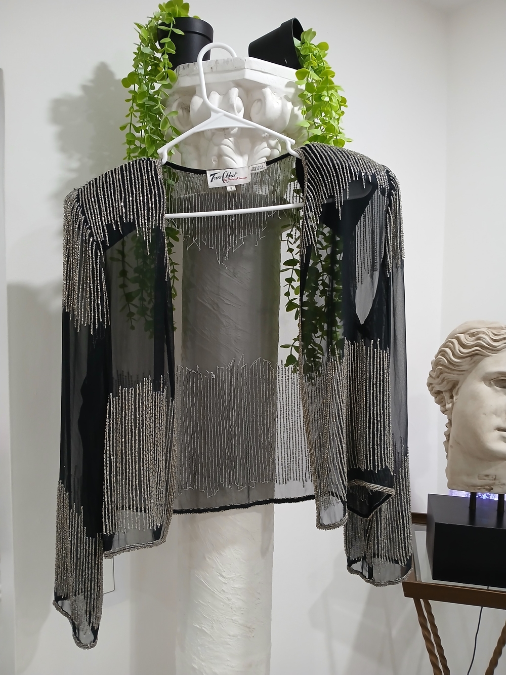Gibson Black Sheer  Silk Beaded Fringe Blazer. Vintage